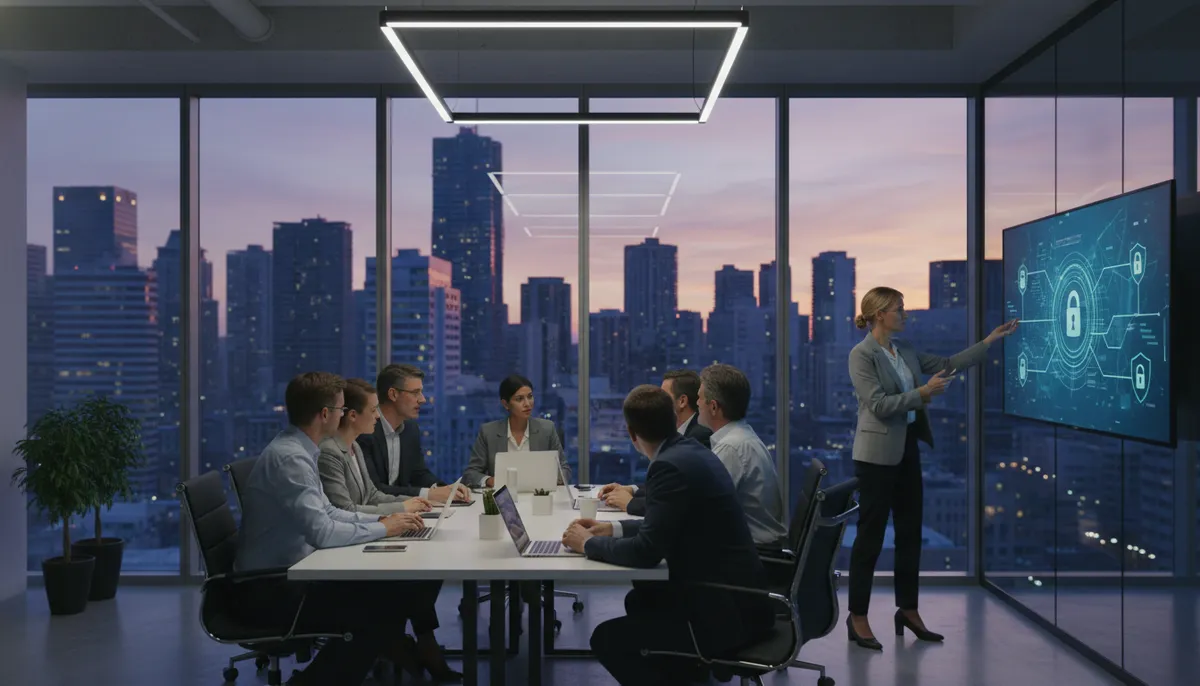 Team von KMU-Mitarbeitern bespricht an einem Konferenztisch Cybersicherheitsstrategien im Kontext des NIS-2-Gesetzes, mit Bildschirmen und Diagrammen.
