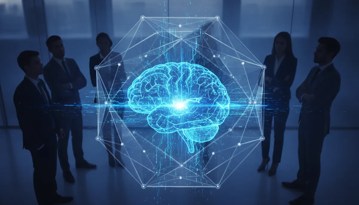 Ein futuristisches, blau leuchtendes digitales Gehirn oder Netzwerk, umgeben von geometrischen Formen, symbolisiert die KI-Technologie 'Mythos'. Im Hintergrund verschwommen: Geschäftsleute, die die Entwicklung mit Interesse und Sorge betrachten.