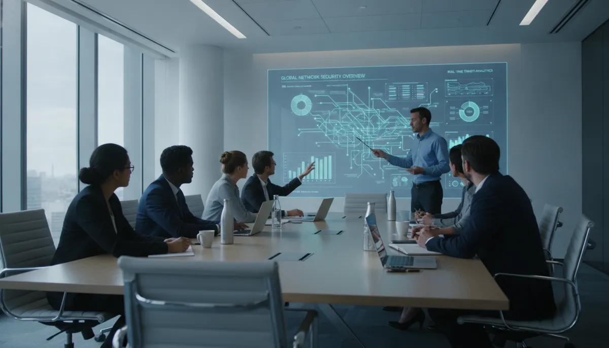 Professionelle Besprechung im Büro zur Cybersicherheit, Fokus auf NIS-2-Richtlinie und Netzwerkdiagramme.