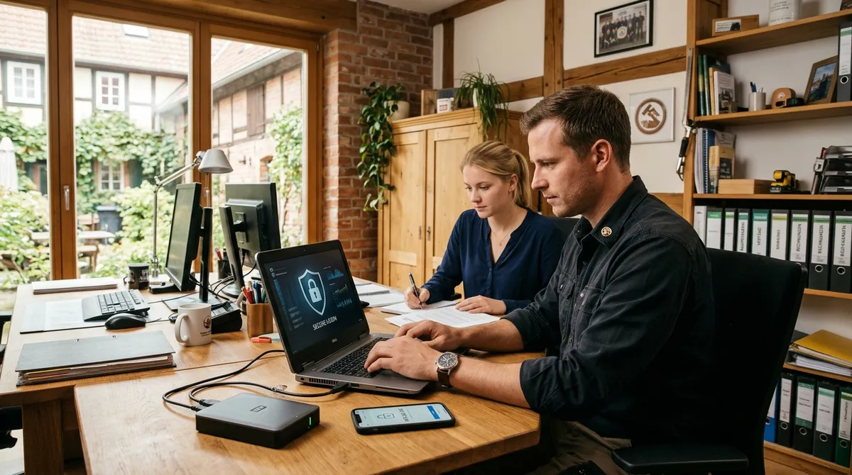 Kleines Büro mit zwei Mitarbeitenden am Schreibtisch, Laptop mit Schloss-Symbol, Backup-Festplatte und Smartphone mit Zwei-Faktor-Code als Sinnbild für IT-Sicherheit in kleinen Betrieben.