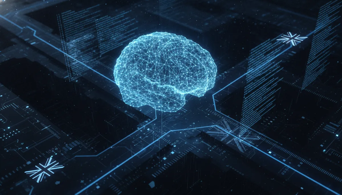 Ein futuristisches, blau leuchtendes KI-Netzwerk analysiert Codezeilen auf einem dunklen digitalen Hintergrund, der Cybersicherheit und Technologie symbolisiert.