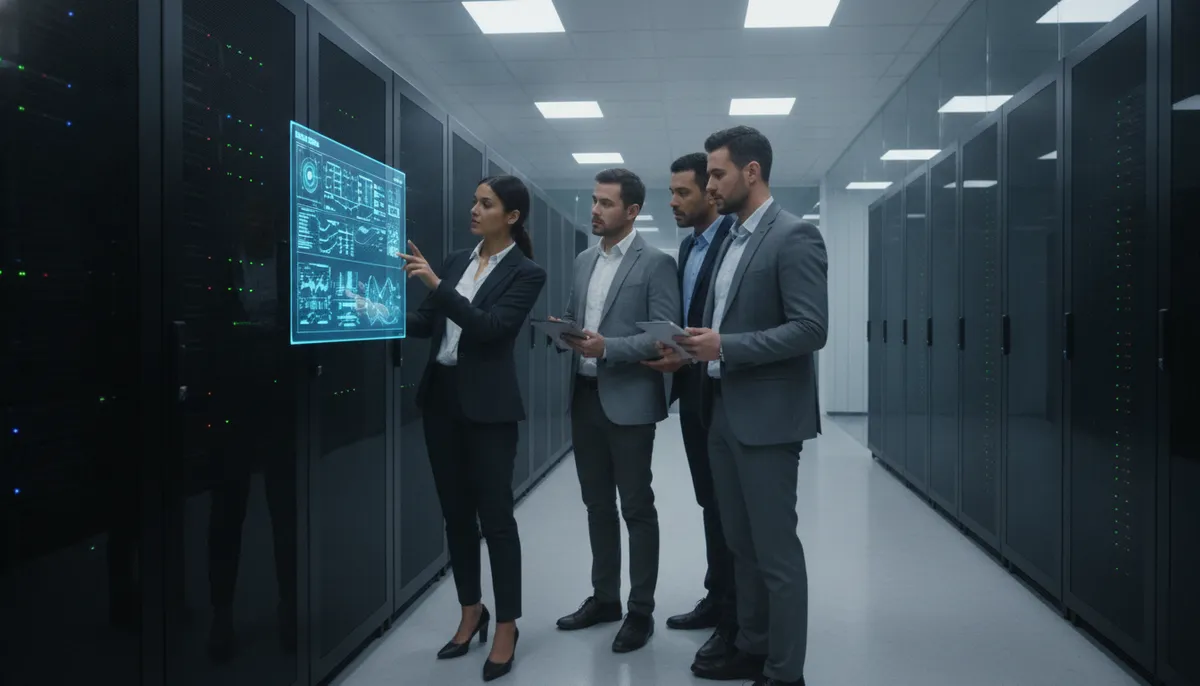 Ein Team von IT-Fachleuten bespricht eine Server-Migration in einem modernen, hell beleuchteten Serverraum, um die IT-Sicherheit zu gewährleisten.