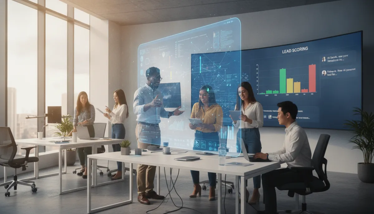 Ein diverses Vertriebsteam in einem modernen Büro arbeitet mit einem holografischen Interface, das KI-gesteuerte CRM-Daten und personalisierte Kommunikationsvorschläge anzeigt. Die Szene vermittelt Effizienz und Innovation.