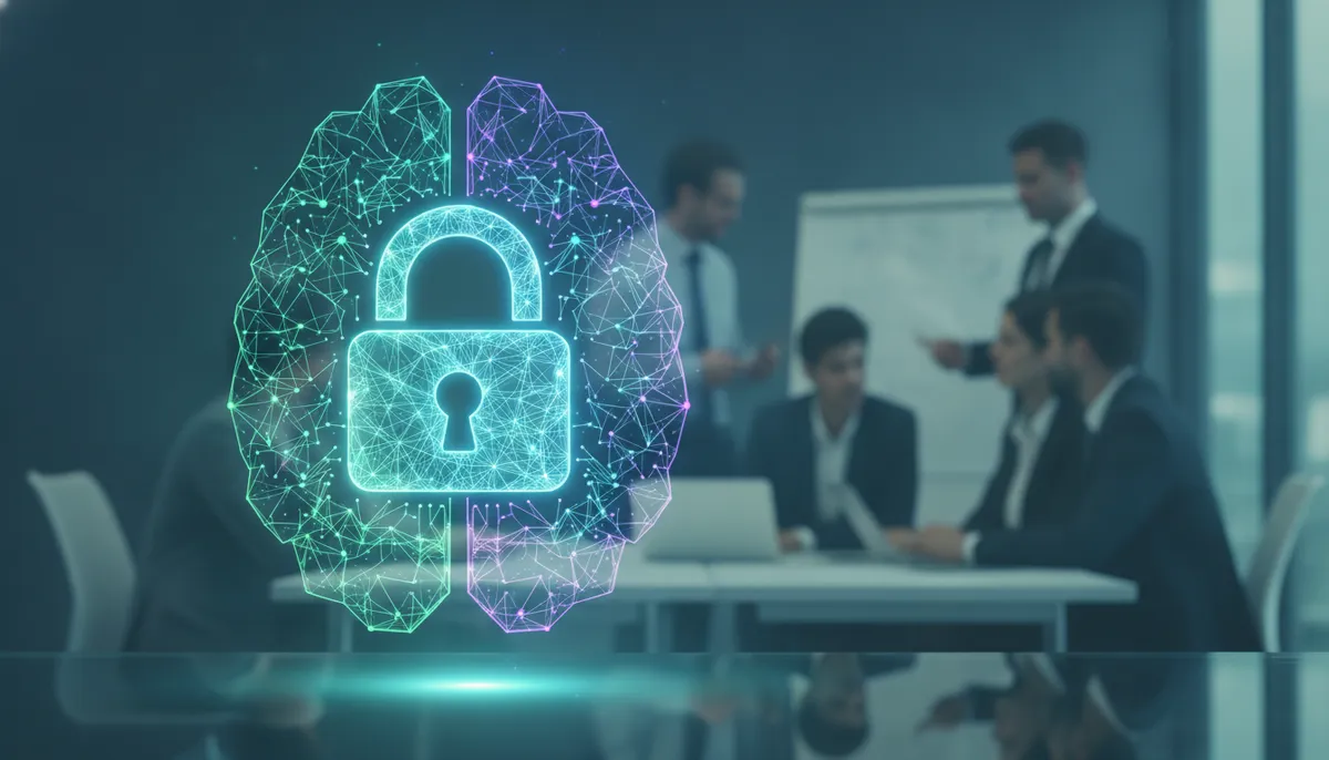 Abstrakte Darstellung eines KI-Gehirns mit Vorhängeschloss vor einem verschwommenen Bürohintergrund, symbolisiert Cybersicherheit und KI-Risiken für KMU.