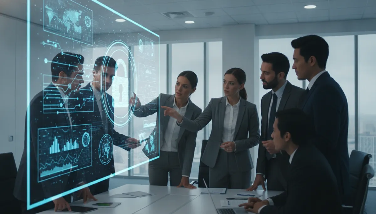 Geschäftsleute diskutieren vor einem Bildschirm mit Cybersicherheitsdaten und einem Schlosssymbol, symbolisierend die erhöhte Investition in IT-Sicherheit.