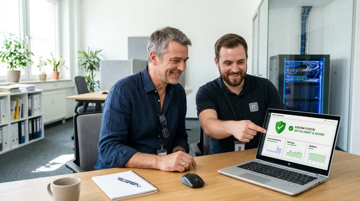 Inhaber eines kleinen Betriebs und ein IT-Dienstleister prüfen gemeinsam am Laptop ein Server-Dashboard mit grünem Häkchen als Sinnbild für eine aktuell gehaltene, sichere Website.