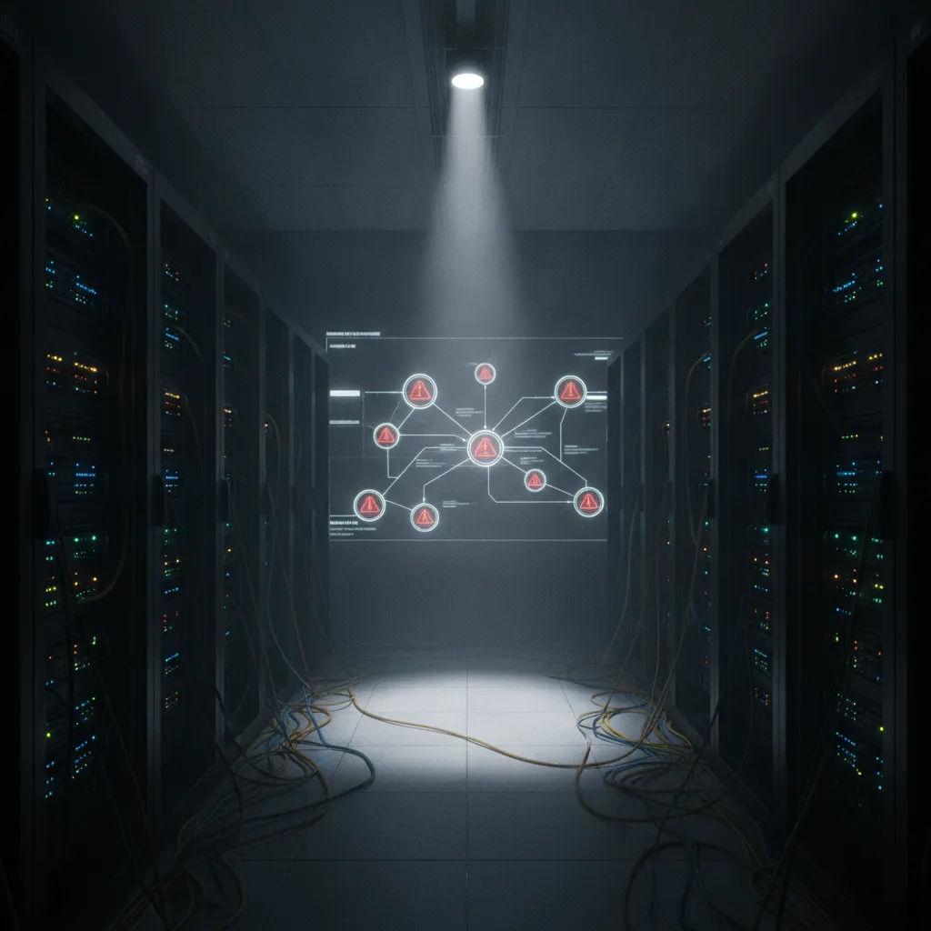 Serverraum mit beleuchtetem Netzwerkdiagramm, das kritische Schwachstellen hervorhebt, symbolisiert die Dringlichkeit von PHP-Sicherheitsupdates für Unternehmen.